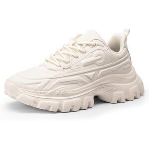 ✨ Women White Chunky Fashion Sneakers Platform Bold Lace-Up Comfortable Sneakers